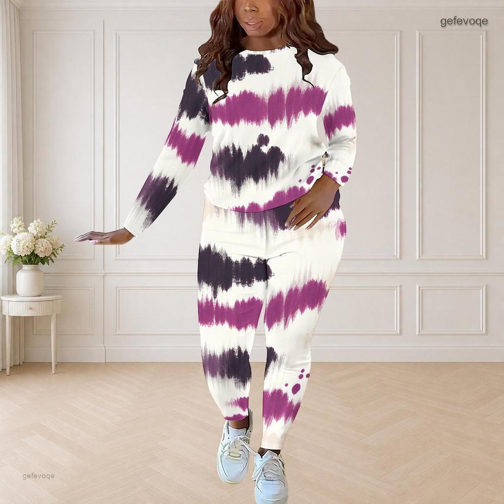 Women Plus Size Two Piece Set Round Neck Long Sleeve Printed Top And Fitted Pants