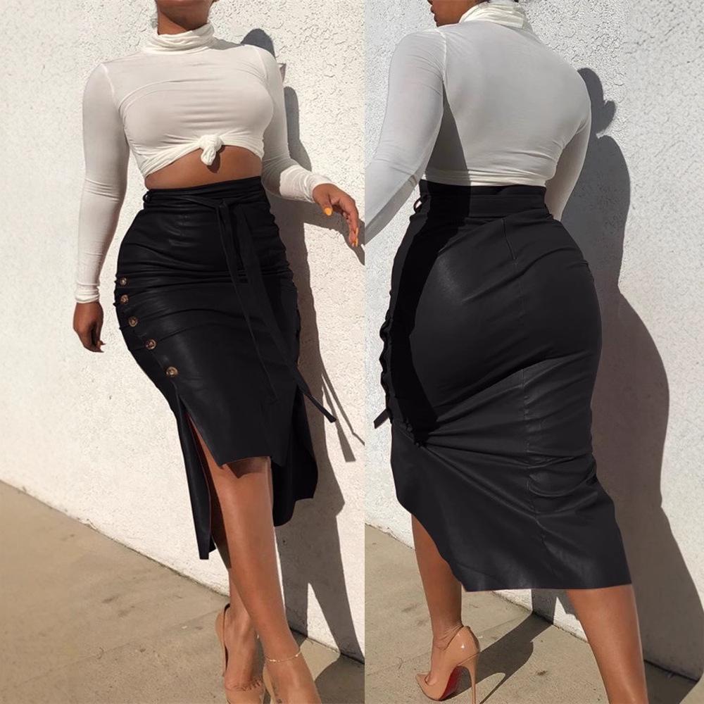 Europeisk & Amerikansk Lær Splitt Bodycon Midi Skjørt - Dames Slim Fit PU Skjørt