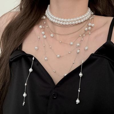 Light Luxury Retro Pearl Multi-layer Stacking Wearing Long Fringed Necklace Women's Trend Design High-end Sense Collarbone Chain