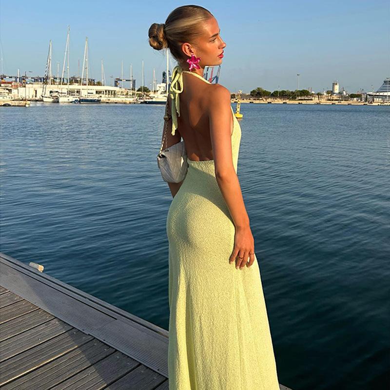 Deep V-neck Backless Long Skirt Sexy High-slit Suspender Skirt Knitted Dress