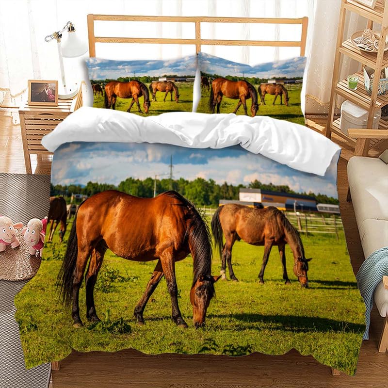 Horse And Green Grass Duvet Cover Set For Kids Boys Girls Teens Lightweight Quilt Covers Spring Themed Bedding Set Bedroom Decor