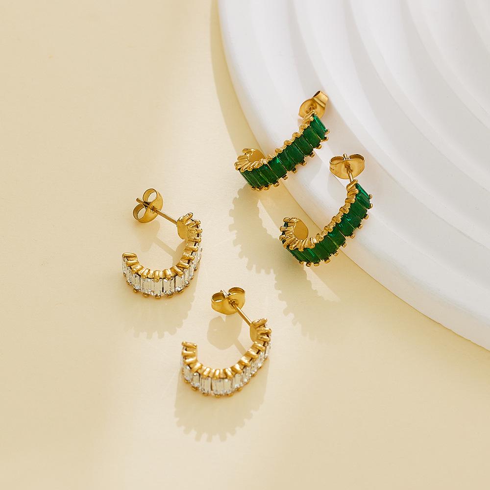 18K Gold Plated White Diamond Hoop & Stud Earrings - French Style Titanium Steel