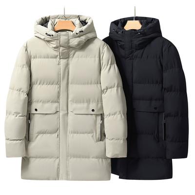 Herbst und Winter Herren Kapuzen-Schirmmütze Skifahren Outdoor Warm Mittellange Baumwolljacke Langer Skianzug Große Größe Lange Baumwolljacke