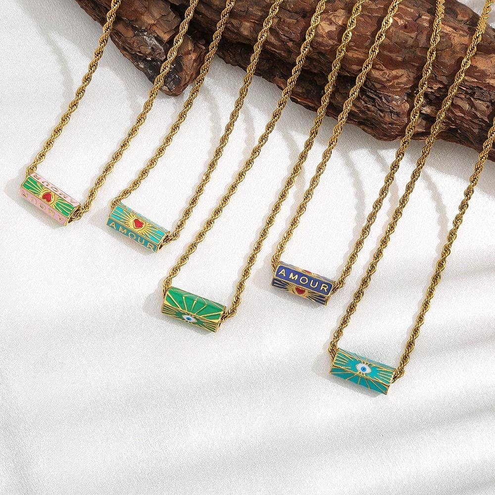 Sweet Charm Enamel Eye Pendant Necklace Wish Card Hexagonal Neck Chain  Summer Beach