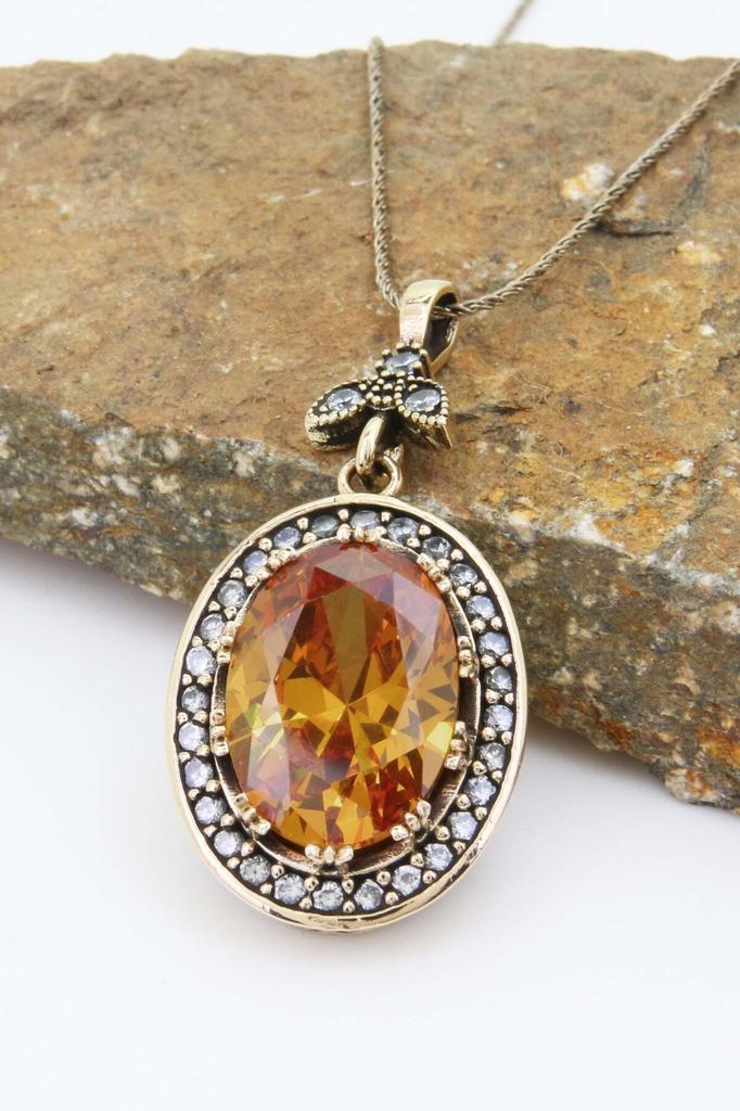 Halime Sultan Series Authentic Silver Women's Necklace with Yellow Citrine Colored Stone