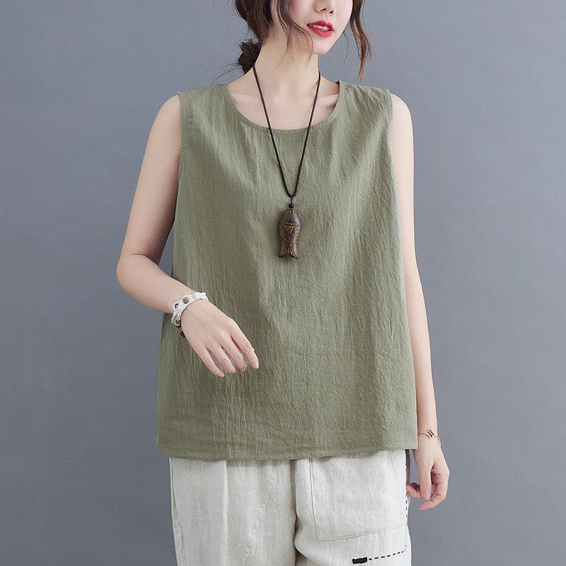 Women's Round Neck Sleeveless Camisole Loose Fit Casual Tank Top Solid Color Polyester Wide Strap Plus Size Summer Inner Outer Wear