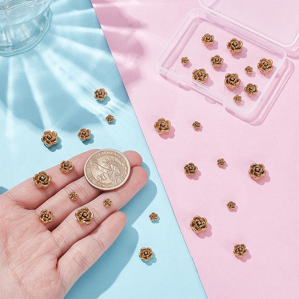 30Pcs 3 Styles 304 Stainless Steel Beads, Rose, Golden, 5~10x5~10x3~6mm, Hole: 0.8~1.4mm, 10pcs/style