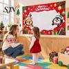 Portable Christmas Background Banner Cartoon Photo Booth Frame Banner, Xmas Selfie with Elk Festive Seasonal Event Penguin Bear, Holiday Party
