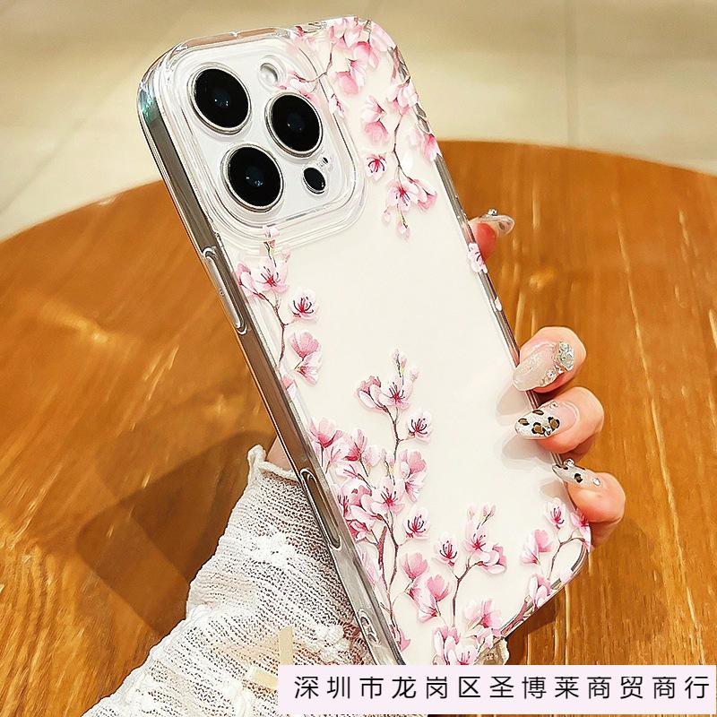 Super beautiful pink peach blossom for iPhone16promax mobile phone case Apple 14/13 transparent 15 all-inclusive XS soft