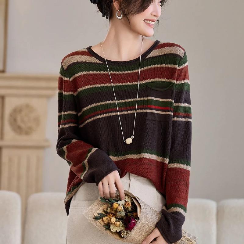 Counter High-end Cotton Yarn Original Large Size Sweater Women's Loose Striped Round Neck Long-sleeved Wool Sweater Top