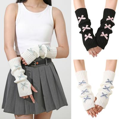 Bow Gloves for Women In Autumn and Winter Knitted Warm College Style Mid Length Stacked Sleeves Fingerless Arm Sleeves