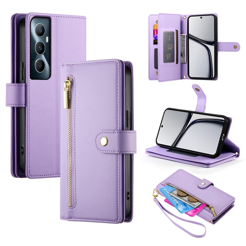 DF-011 For Realme C65 4G Case Zipper Pocket Wallet Leather Phone Cover with Straps