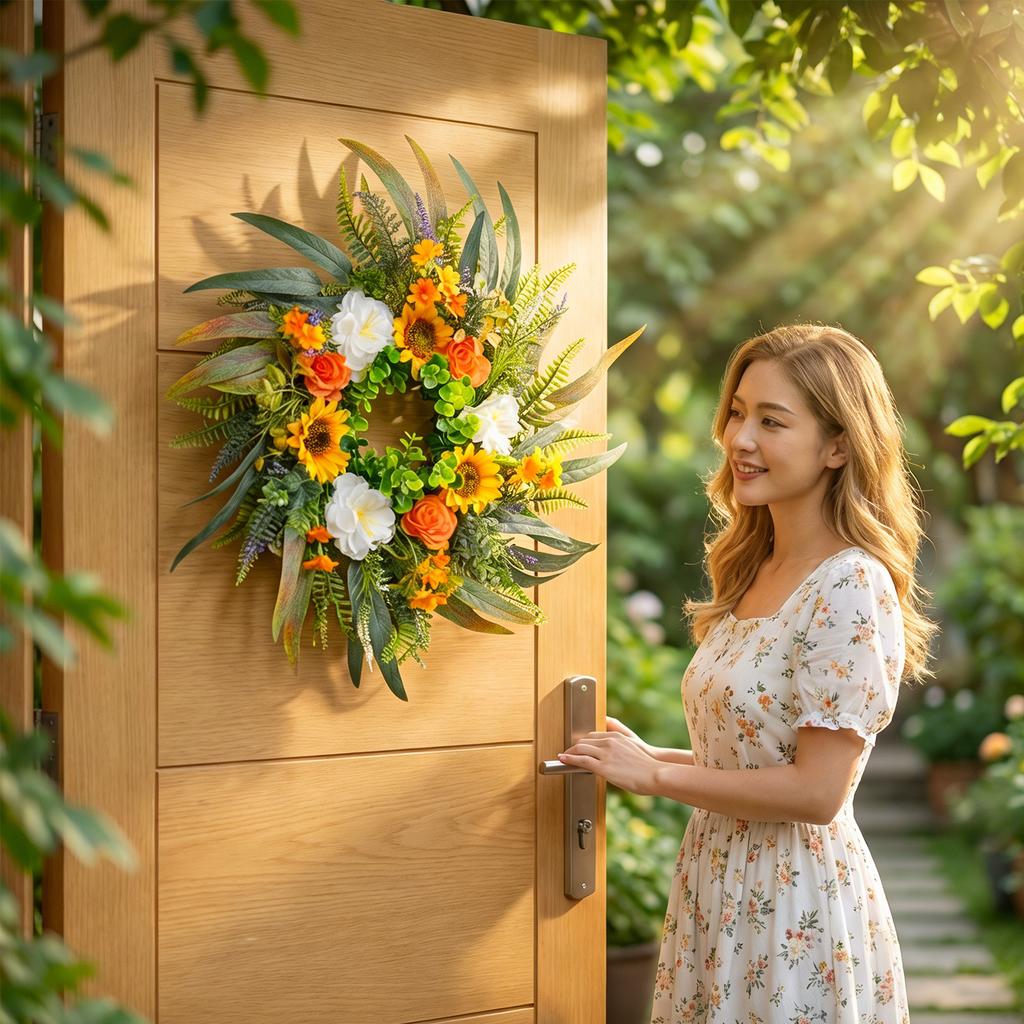 55cm Summer Door Wreath With  Colorful Flower Wreath, Sunflower, And Roses
