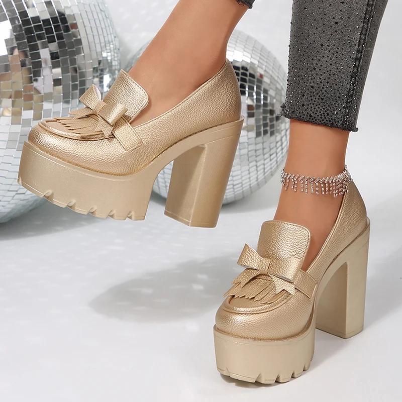 Chunky High Heel Pumps Women Gold Silver Gothic Platform Loafers Woman Fashion Tassels Thick Heeled Party Shoes