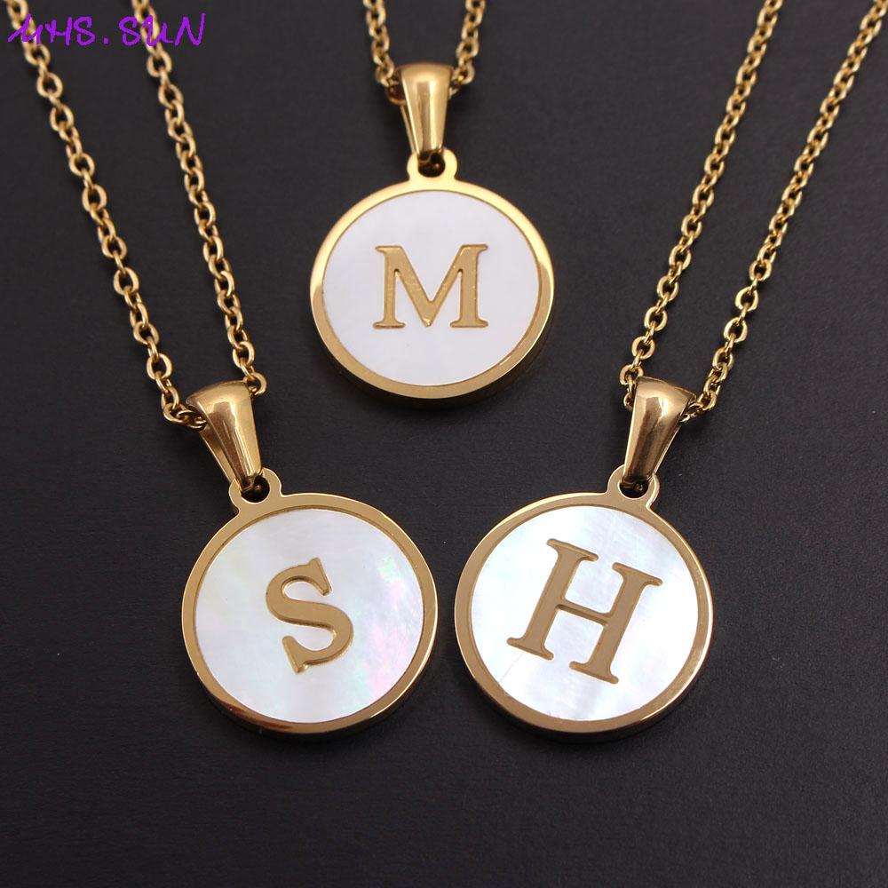 Round Gold Color 26 Letter Necklaces Alphabet Shell Pendant Necklace for Women Men Stainless Steel Chain Jewelry 1PC