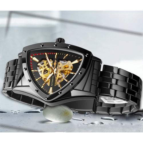 FORSINING Men's Skeleton Automatic Mechanical Watch with Triangular Dial and Luminous Self-Winding Movement, Stainless Steel Bracelet or Soft Silicone