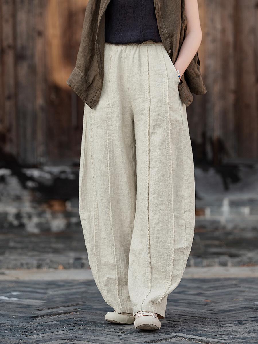 

Women s Autumn Cotton Linen Scimitar Lantern Pants with Ramie Stitching One Size