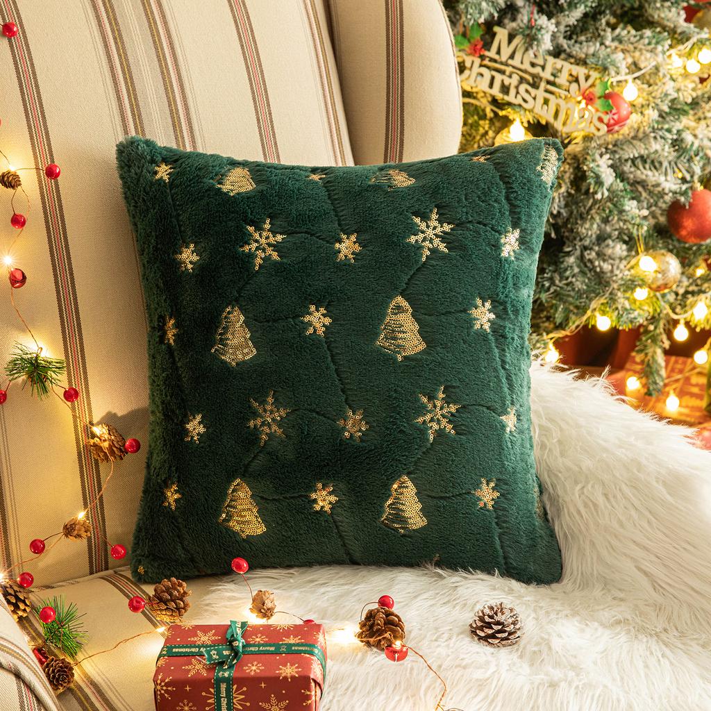 Square Sequin Christmas Throw Pillow Cases Christmas Tree Snowflake Shaggy Plush Pillowcases Sofa Cushion Covers Home Decor