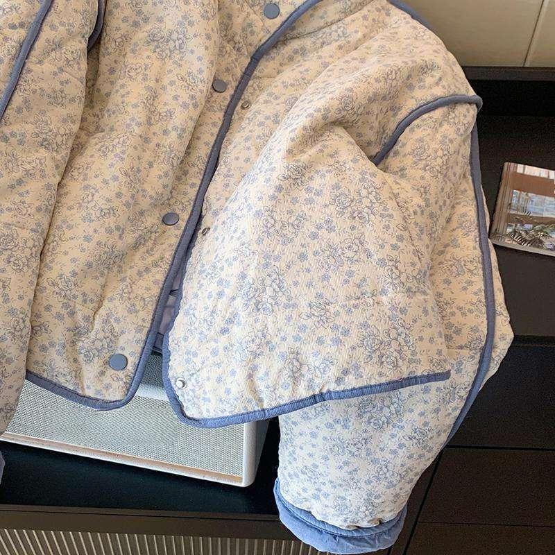 Blue Small Floral Corduroy Splicing Cotton Jacket Women's 2025 Winter New Warm Lazy Top