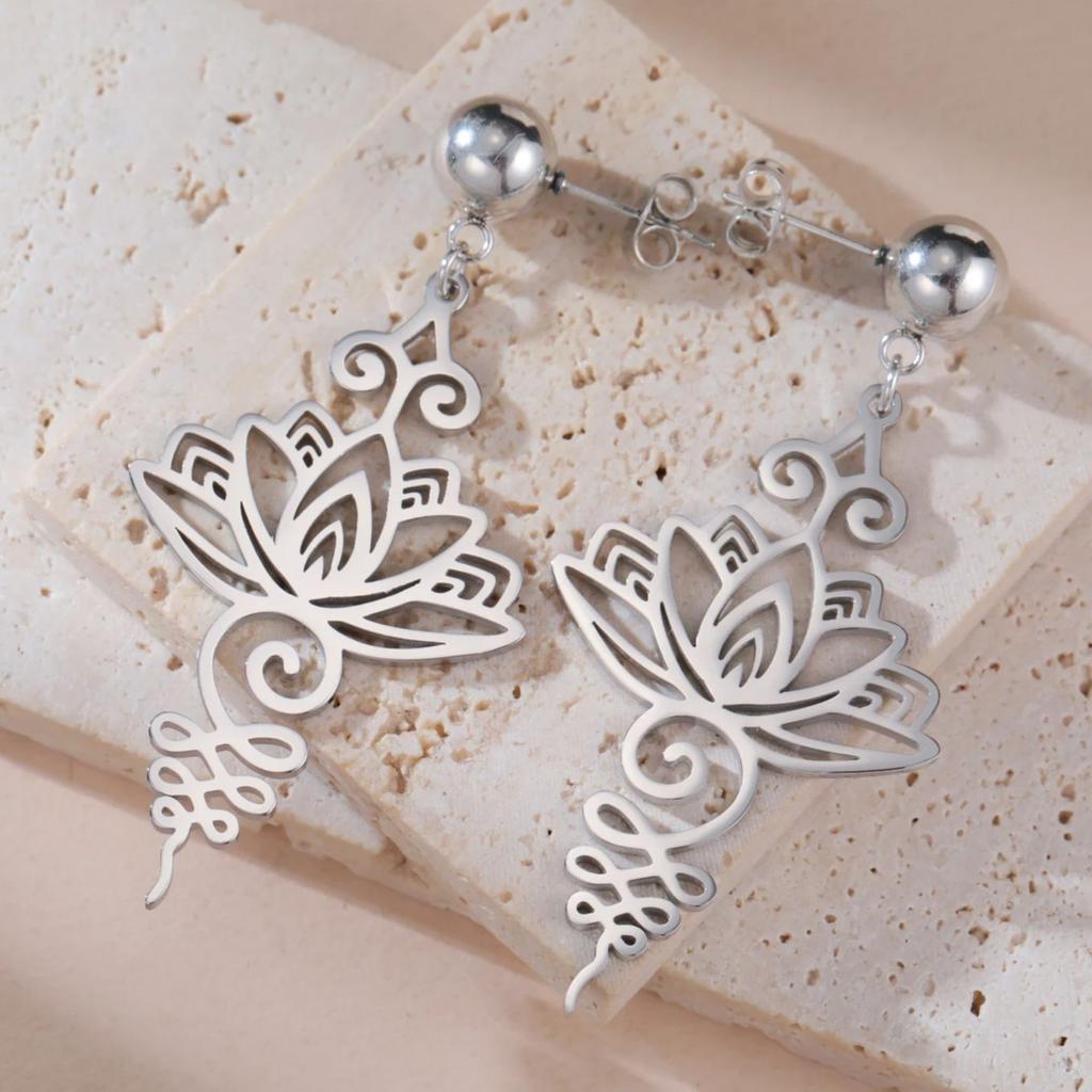 LIKGREAT Unalome Lotus Flower Stud Earrings for Women Stainless Steel Jewelry Yoga Spirit Healing Valentine's Day Gifts