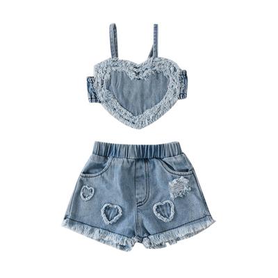 Baby Girls 2-Piece Outfit Sleeveless Heart Camisole and Elastic Ripped Denim Shorts Summer Clothing
