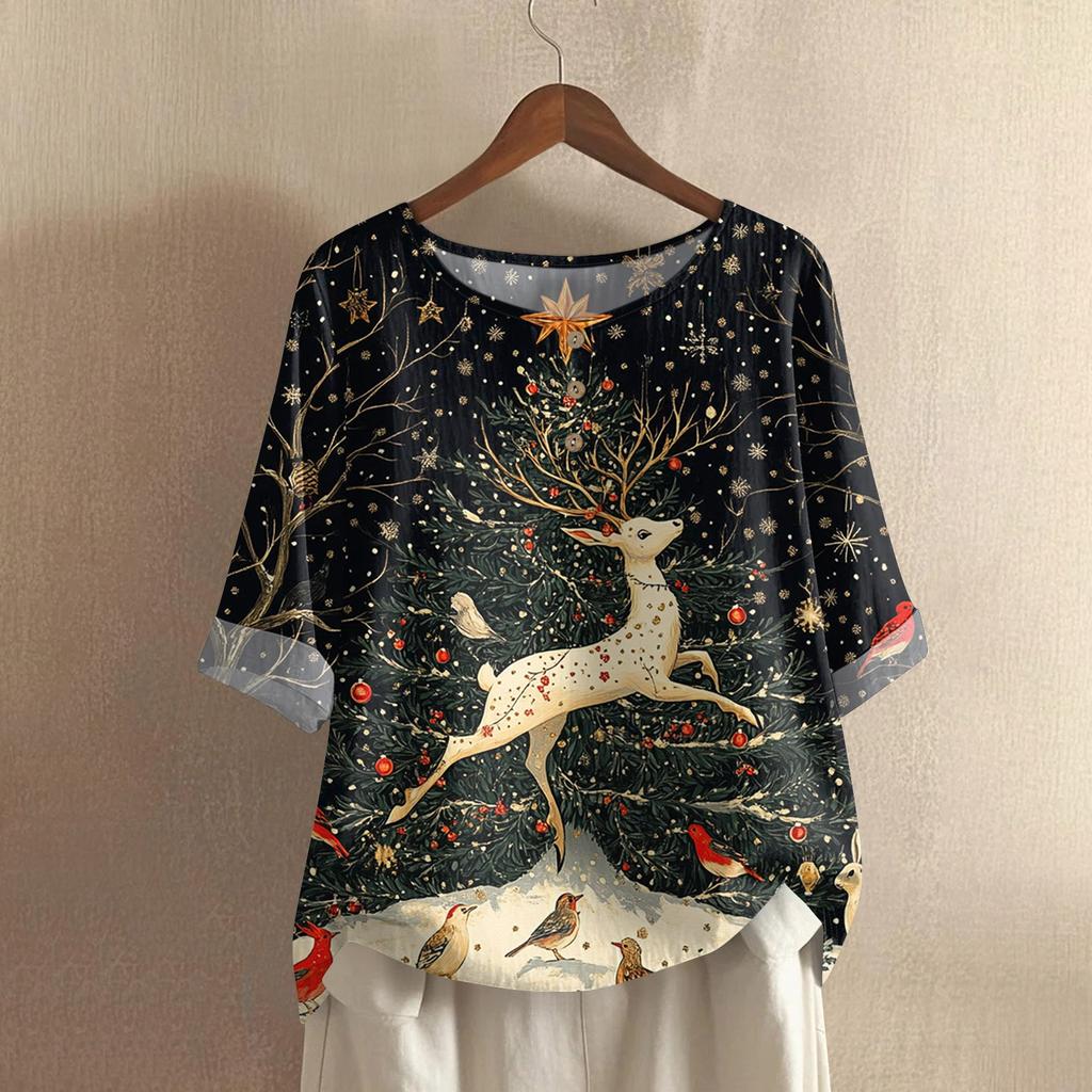 Women's Fashionable And Casual Shirt Half-sleeve Round Neck Print Cotton And Linen Blouse Top