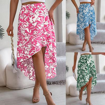 Women Spring Summer  Mid Length Skirt High Waist Twist A-Line Straight Print Color