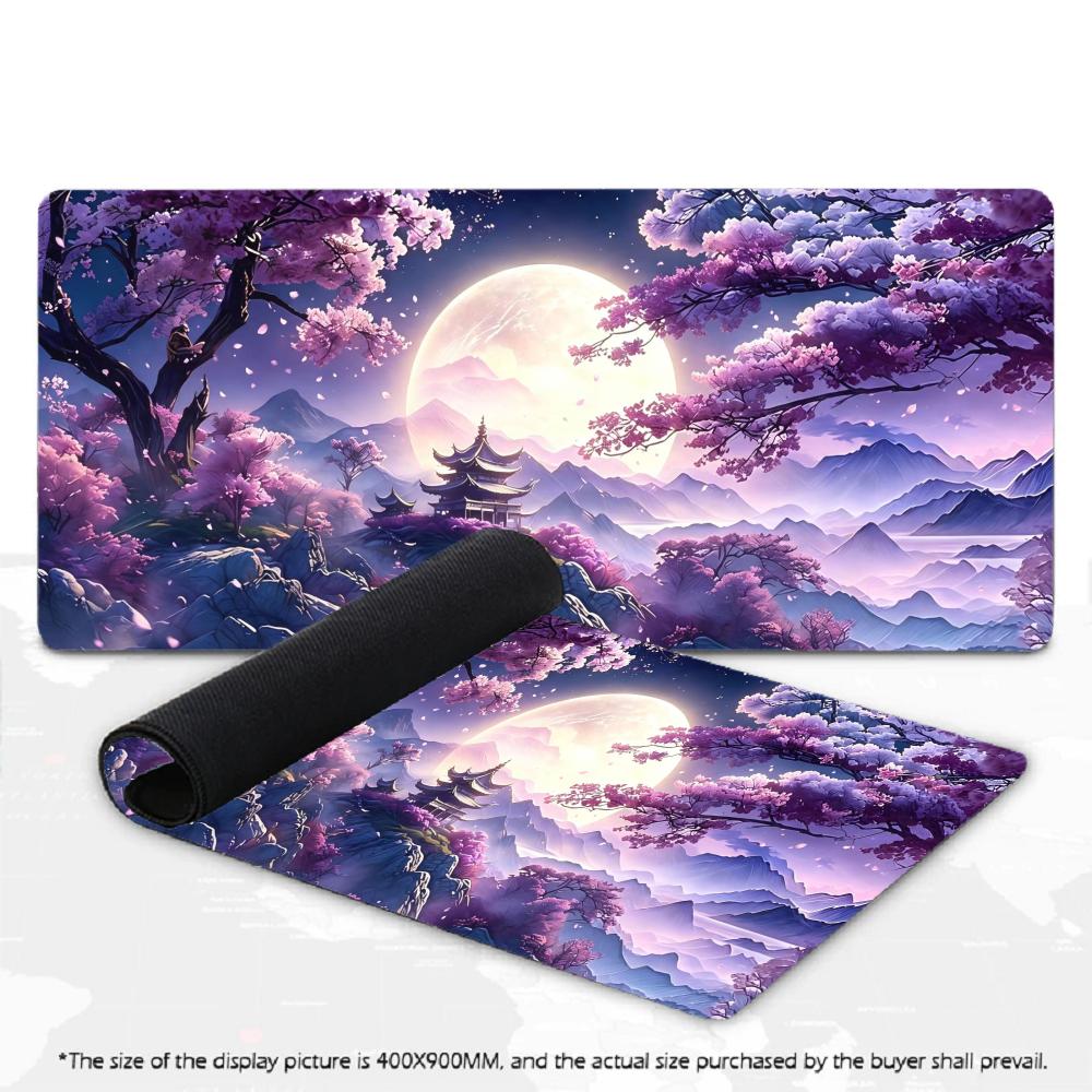 Tapis de Souris XXL Sakura Violet Pleine Lune Pagode Orientale Portail Torii Lac de Montagne Tapis de Jeu Antidérapant Pour Décoration de Bureau