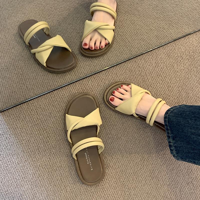 

Stunning color~ one-word slippers for women to wear 2024 summer new Korean version simple fashion flat-bottomed cool slippers for women 40 хаки