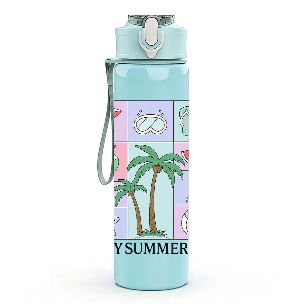 1PC In My Summer Era Beach Pattern 750ml Color Plastic Sports Water Bottle Leakproof Flip Straw Lid Suitable for Sports Office Home Use
