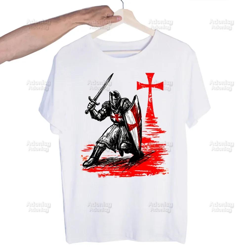 Medieval Knights Templar Printed T Shirt Men Retro Washed Tops Tees Harajuku Tshirt Streetwear Hip Hop Male T-shirts