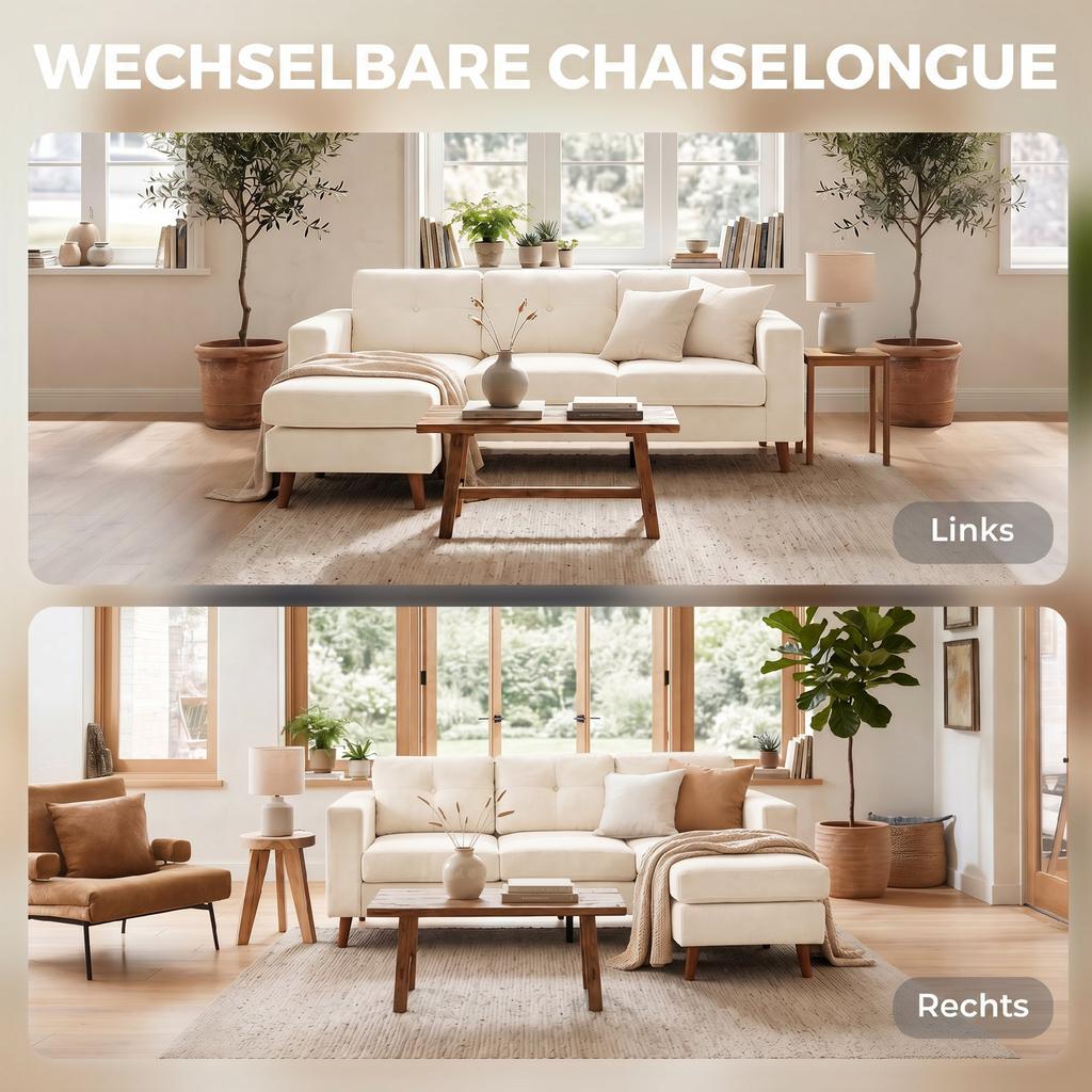 Corner Sofa 192 Cm L-Shape 3-Seater Sofa with Reversible Chaise Longue, Corduroy Look, for Small Spaces, Cream White