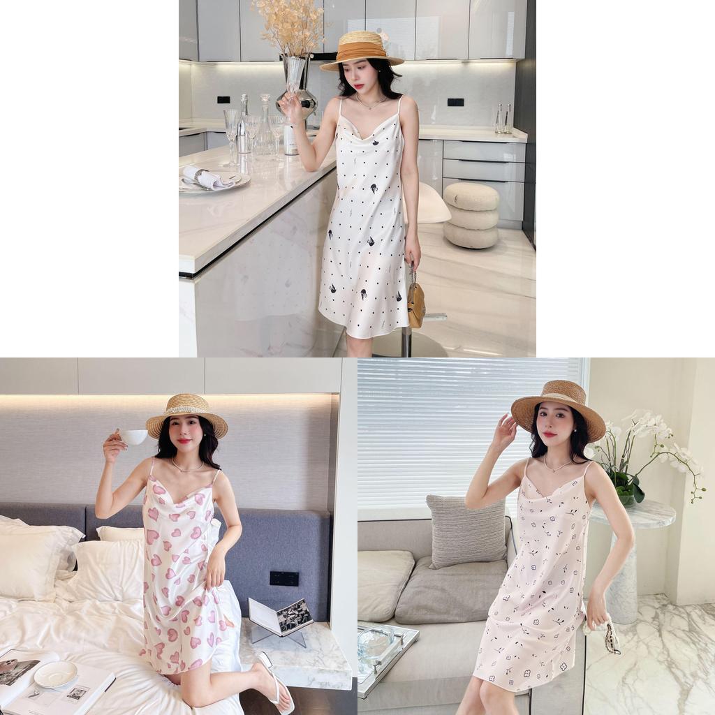Summer Girl Ice Silk Heart Nightdress With V Neck And Sleeveless Design For Home Wear