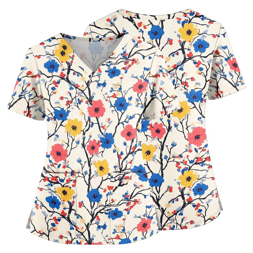 Floral Print V Neck Medical Scrub Top with Pockets Side Slits Short Sleeve Nurse Uniform Shirt for Women Comfortable Fit