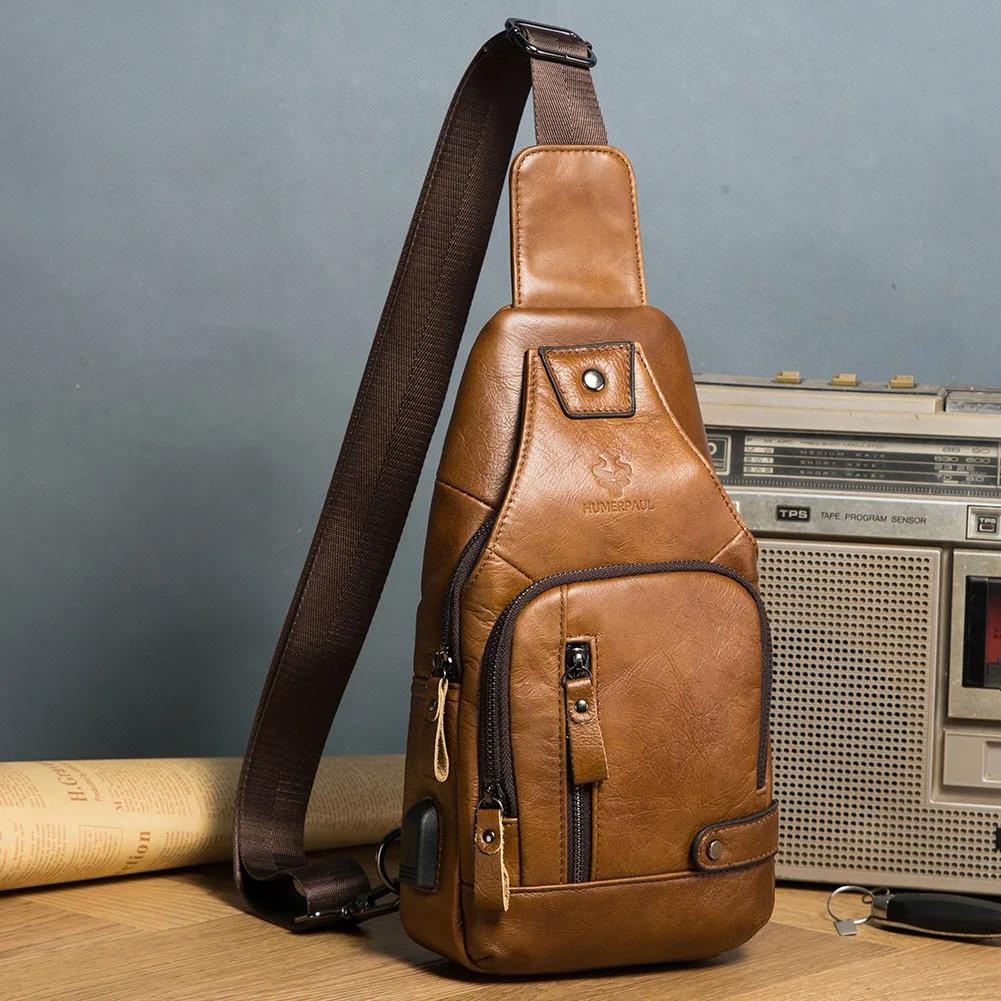 Men's  Chest Bag  Genuine Leather Crossbody Shoulder Bags Multifunction Travel Outdoor Messenger Pack Fashion