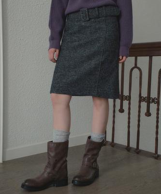 OURNOSTALGIA Wool Belted Midi Skirt_Charcoal(Ob6Sk18)