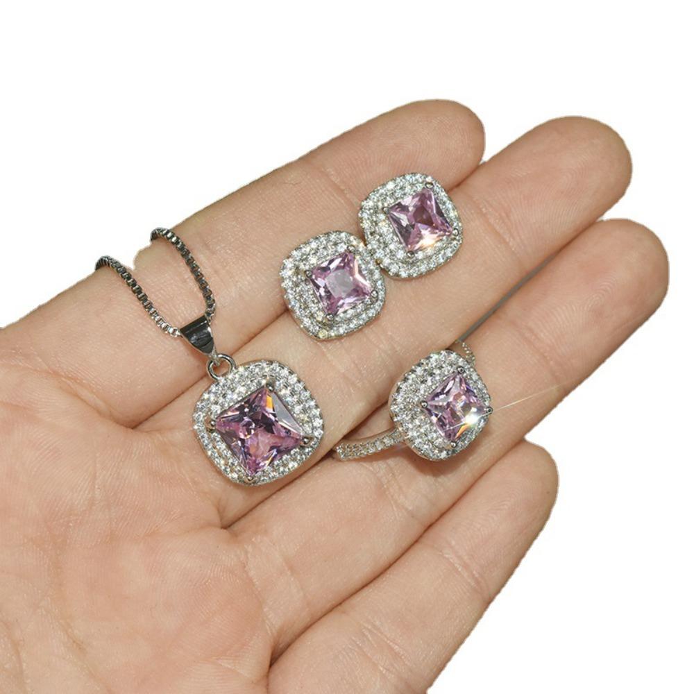 Women Jewelry Set Princess Cut Simulated Moissanite Adjustable Ring Full Diamond Micro Pave Earrings Pendant Necklace