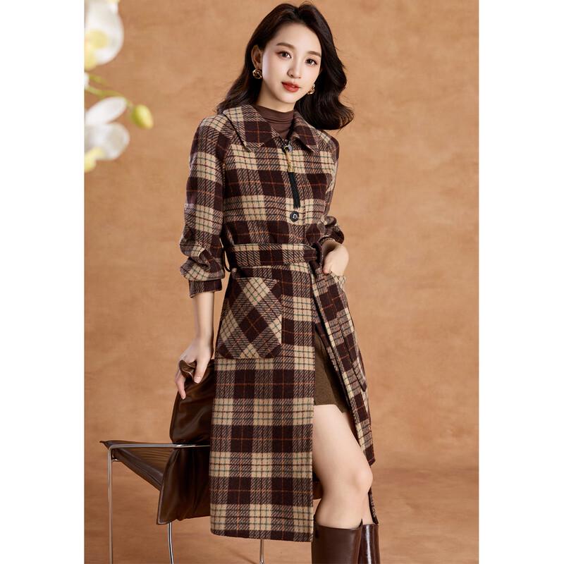 Women's Elegant Vintage Plaid Wool Blend Mid-Length Coat