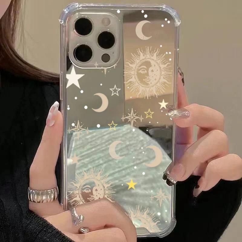 Sun Moon Pattern Phone Case For iPhone 11 12 13 14 15 16 17 Pro Max XS X XR 7 8 Plus Make Up Mirror Shockproof Soft Cover