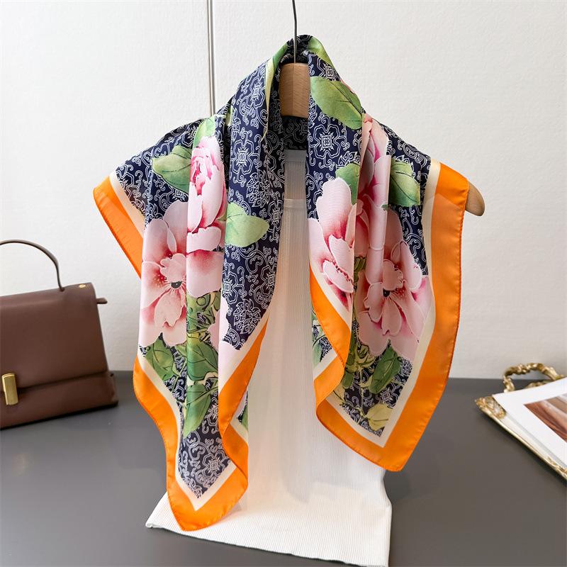 Sweet National Style Printing Simulation Silk Scarf Square Scarf High-End Shawl Versatile Neck Small Square Scarf Headscarf Scarf Women