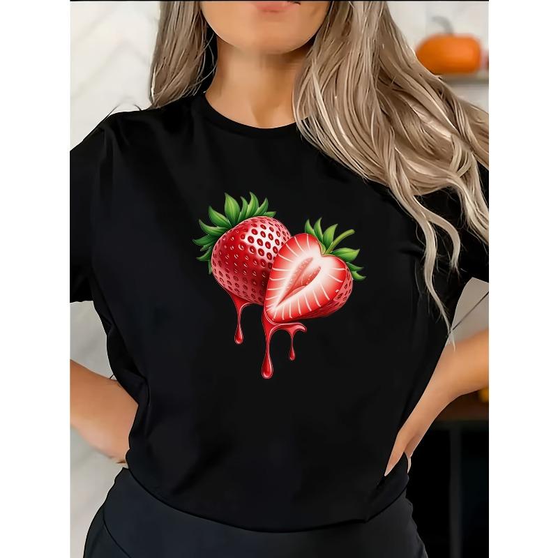 

European Size Valentine S Day Limited Women S T-Shirt | Sweet Strawberry Print Round Neck Tee, Casual Short Sleeve 4XL чорний