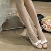 Soft leather version square head bow light mouth single shoes women's autumn new color matching thick heel high heels