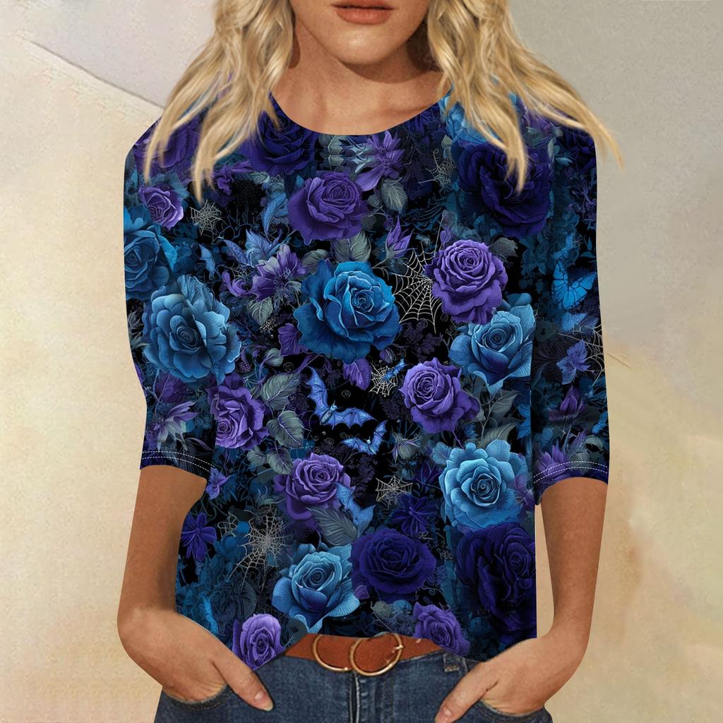 Women Halloween Print Three Quarter Sleeve Round Neck Loose Fit Casual Shirt Top for Holiday and Everyday Wear