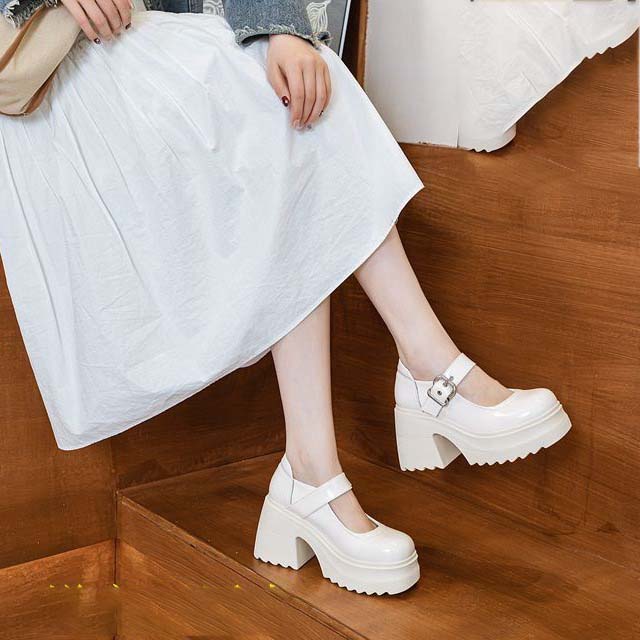 Туфли Fujin из натуральной лакированной кожи высотой 10 см дышащие на толстом каблуке с пряжкой на платформе туфли-лодочки Mary Jane осенние летние ботильоны весенняя обувь 34 бежевый 5269₽