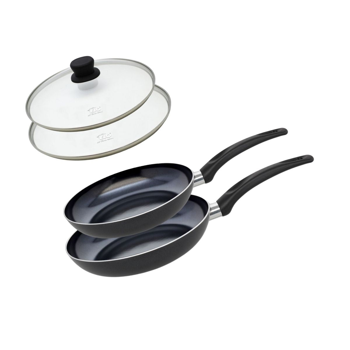 Set de 2 Poêles de cuisson avec revêtement céramique sans PFAS et 2 couvercles de cuisson en verre