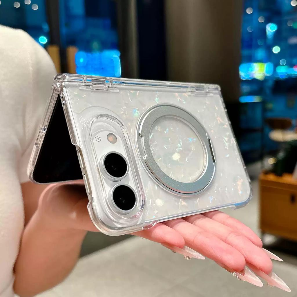 Case For iPhone Duo For Foldable iPhone Duo With Magnetic 360 Adjustment Stand INS Luxury Shell Pattern Shockproof TPU PC Cover