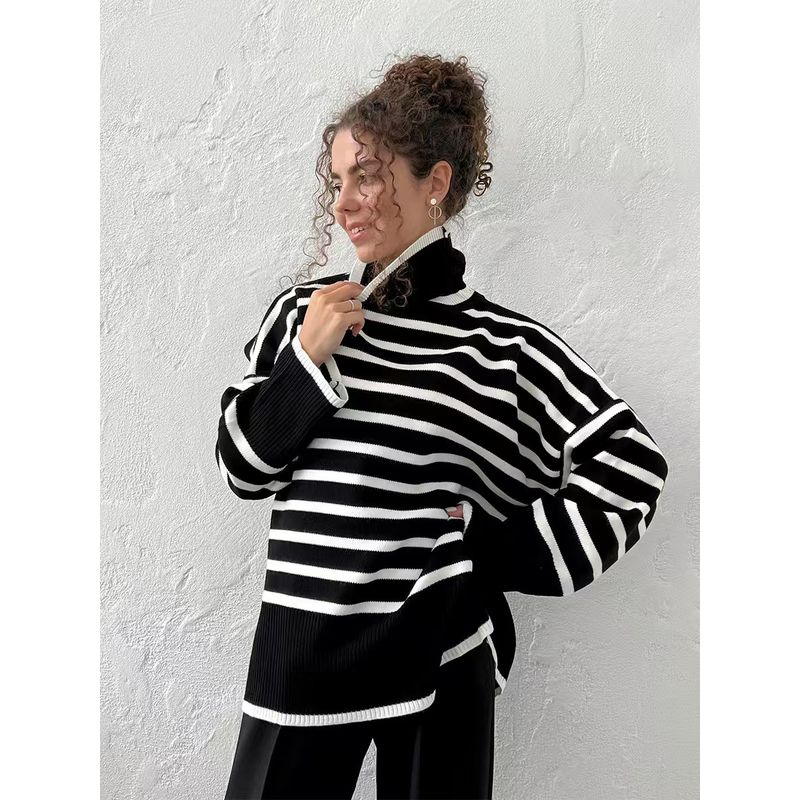 

Fashion New Arrival Fashion Stripes Knitting Sweater Loose High Collar Tops Loose High Neck Sweater Black S