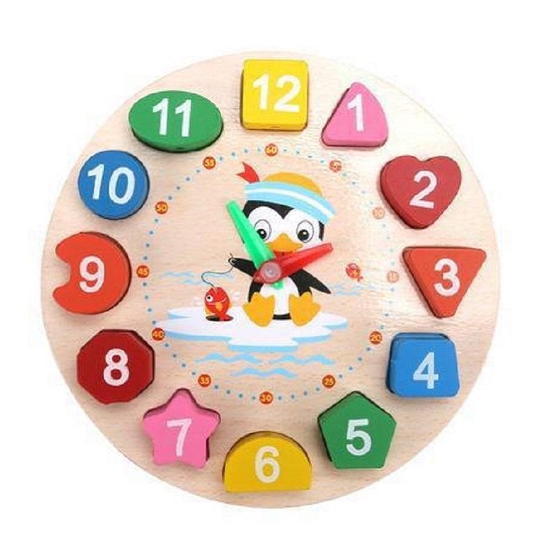 Wooden Clock Puzzle Cartoon Animal Shape Tangram Cognitive Digital Clock Kids Early Educational Threading Assembly Toys