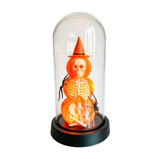 Yousheng Halloween Decoration, Lighted Skeleton in Clear Dome Cloche with Warm Glow, Battery Operated Skull Lamp with Witch Hat for Tabletop Mantel