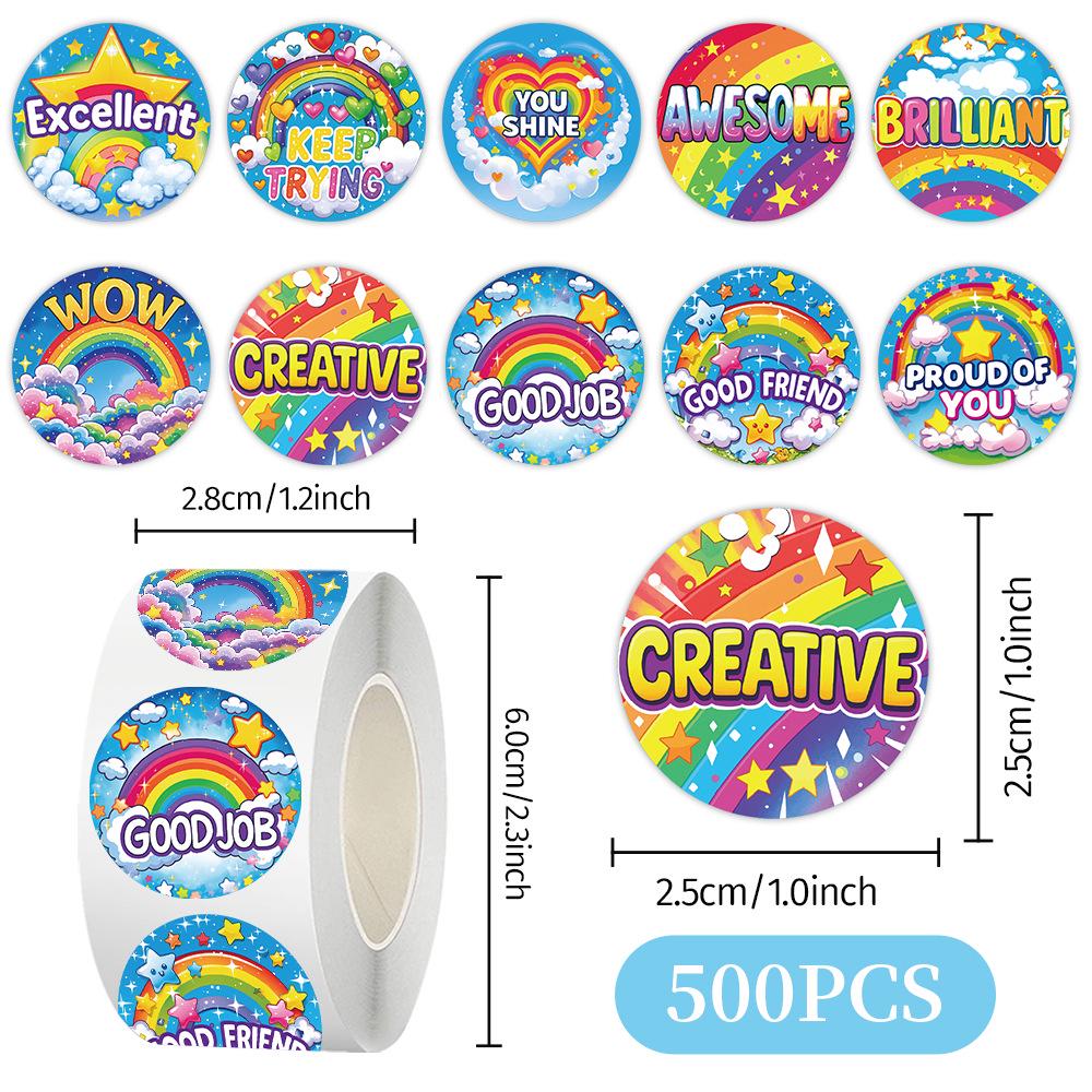 500 Rainbow English Reward Stickers Roll - DIY Journaling, Kids' Stationery, Decorative Sealing Stickers